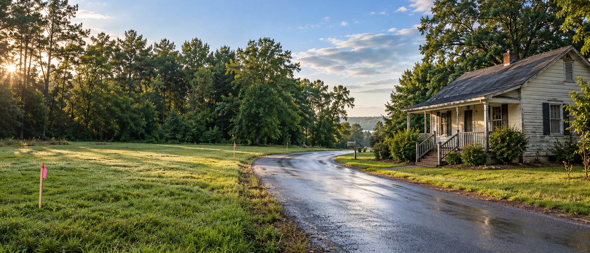 A wet country road curves past a small house and trees under a partly cloudy morning sky.